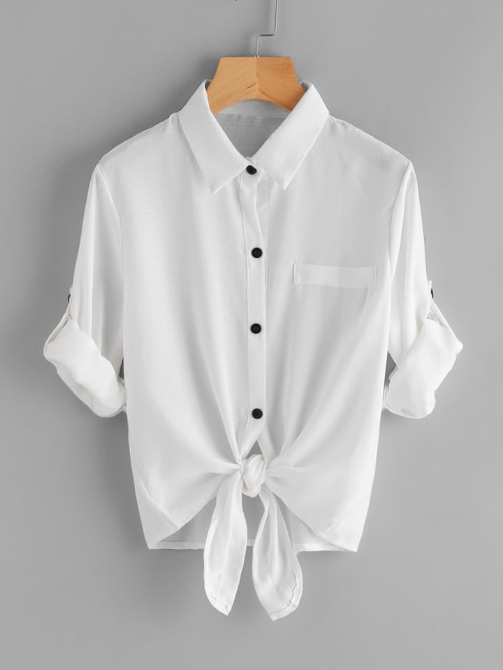 Romwe Rolled Sleeve Knot Front Shirt