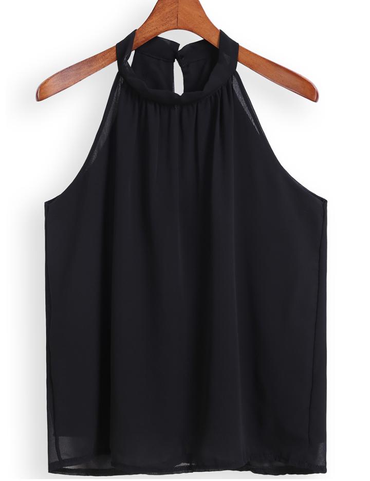 Romwe Halter Chiffon Black Tank Top