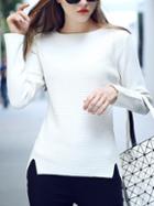 Romwe Women Long Sleeve Split Side White Sweater