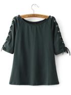 Romwe Army Green Eyelet Lace Up Sleeve T-shirt