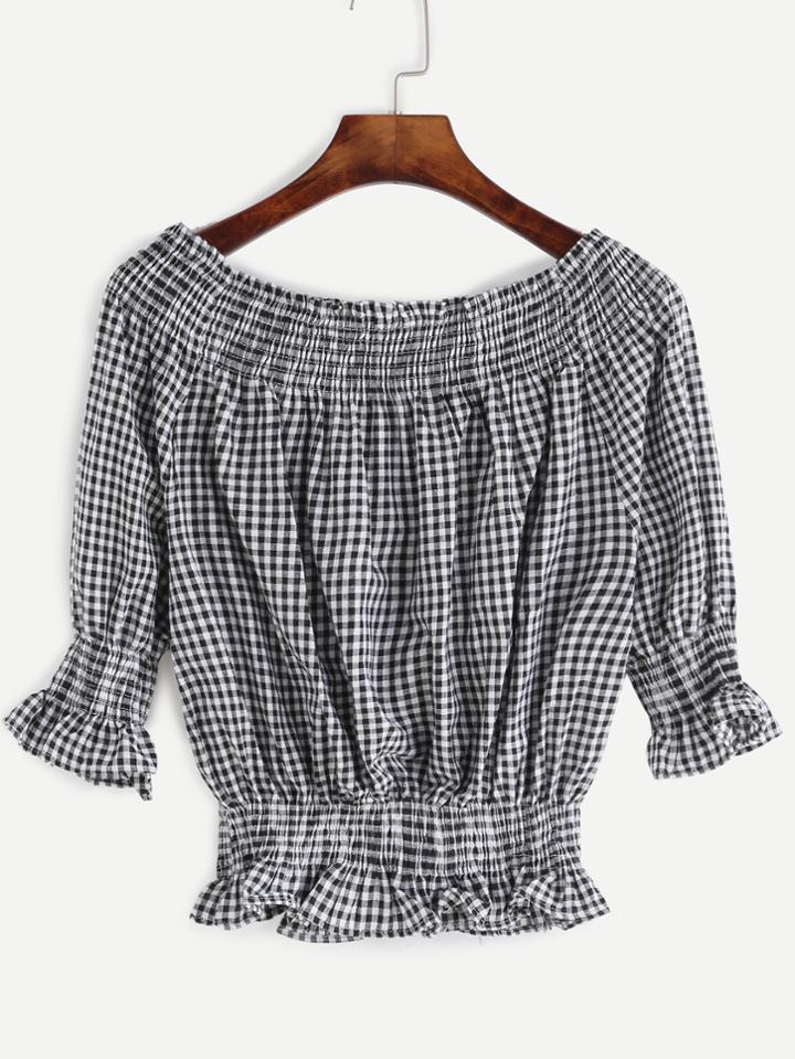 Romwe Black Checkerboard Smocked Ruffle Blouse