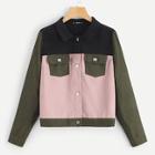 Romwe Button & Pocket Front Color Block Collar Cord Jacket
