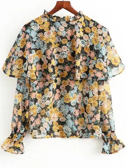 Romwe Multicolor Floral Print Ruffle Blouse