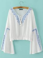 Romwe White Tie Neck Bell Sleeve Embroidery Blouse