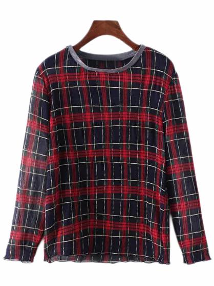 Romwe Red Contrast Round Neck Plaid Chiffon Blouse