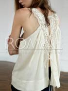 Romwe Apricot Lace Panel Tie Back Blouse