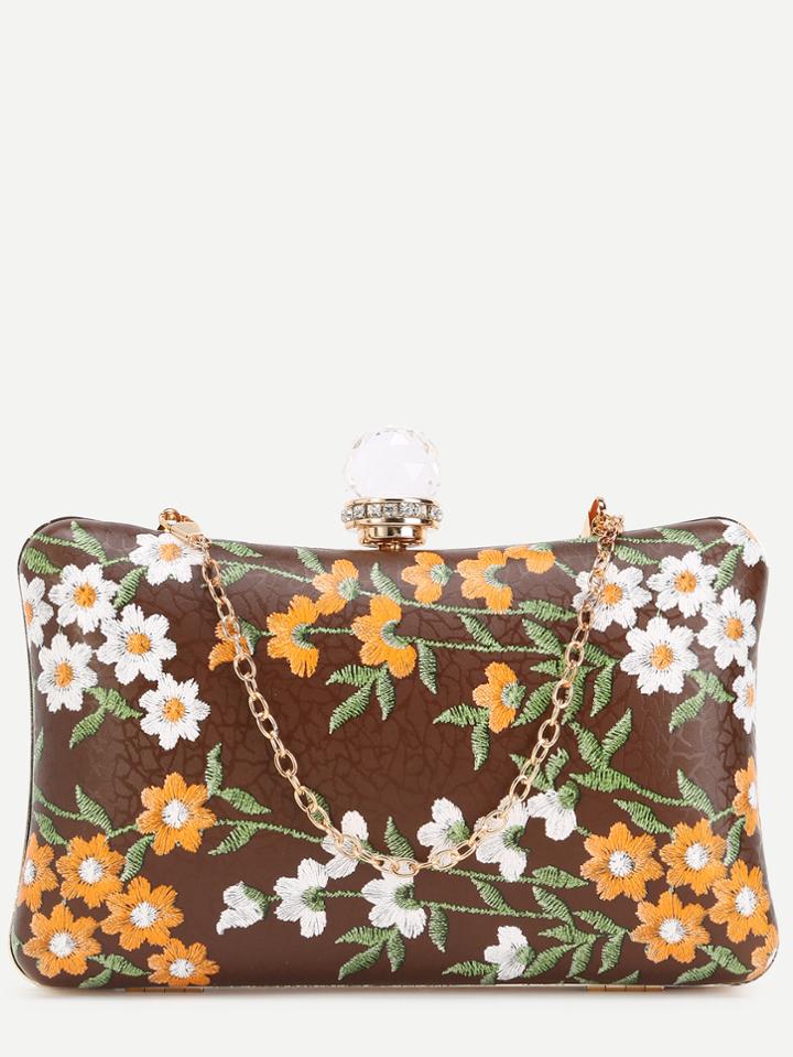 Romwe Brown Pu Floral Print Jewelled Evening Bag