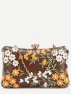 Romwe Brown Pu Floral Print Jewelled Evening Bag