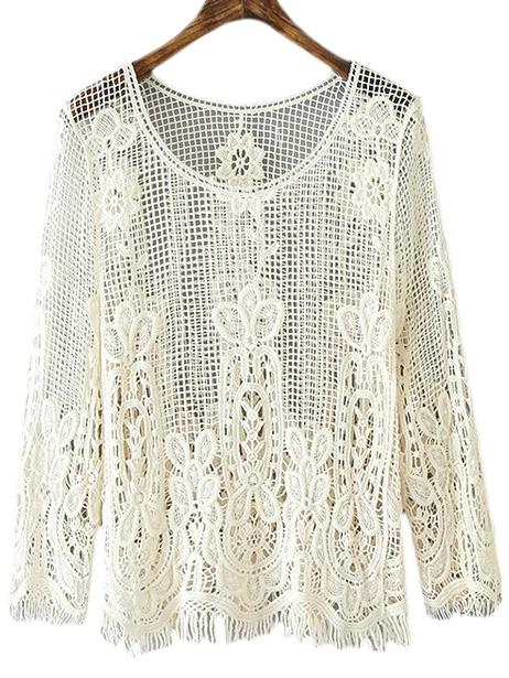 Romwe Beige Long Sleeve Fringe Lace Blouse