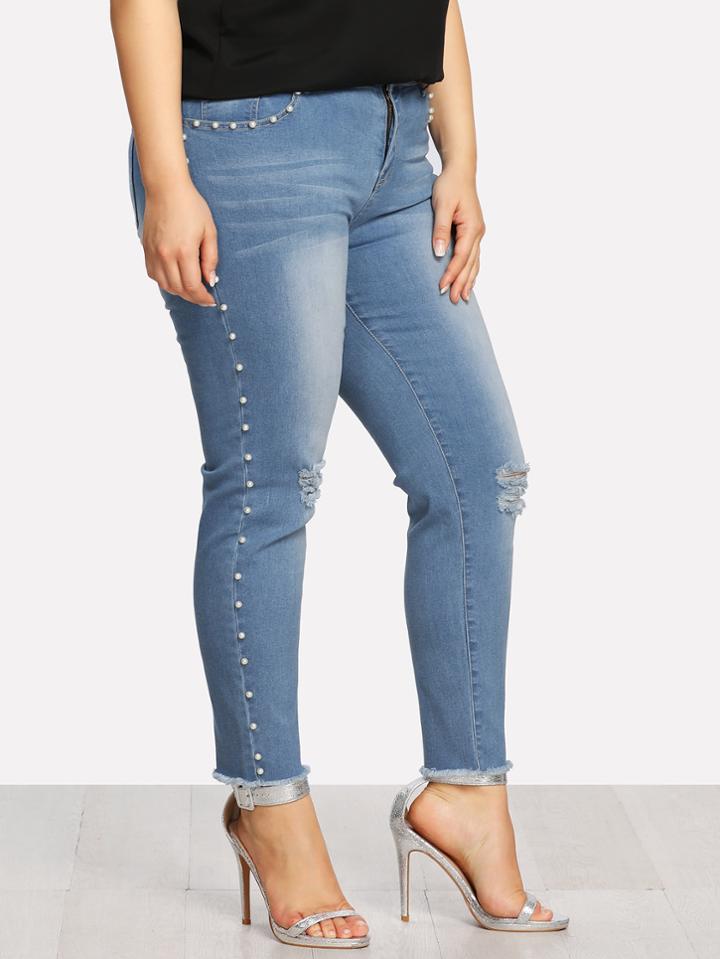 Romwe Pearl Detail Raw Hem Ripped Jeans