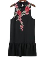 Romwe Black Floral Embroidery Open Back Sleeveless Ruffle Hem Dress