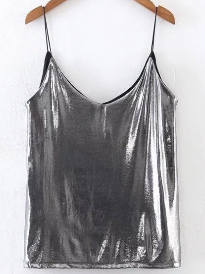 Romwe Metallic Silver Cami Top