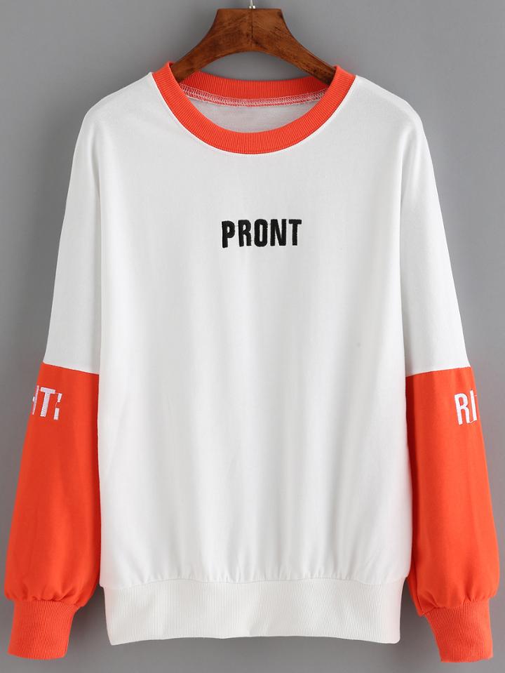 Romwe Dropped Shoulder Seam Letter Embroidered Orange Sweatshirt