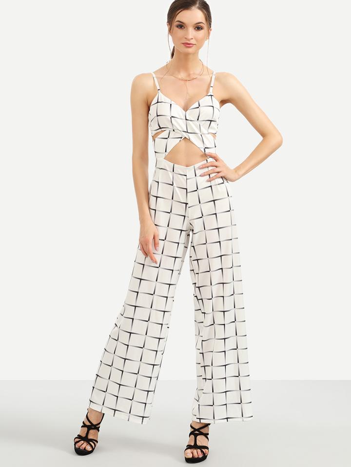 Romwe White Grid Cross Wrap Cutout Midriff Cami Jumpsuit