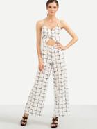 Romwe White Grid Cross Wrap Cutout Midriff Cami Jumpsuit