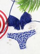 Romwe Blue Printed Halter Tassel Bikini Set
