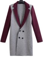 Romwe Lapel Double Breasted Red And Grey Coat