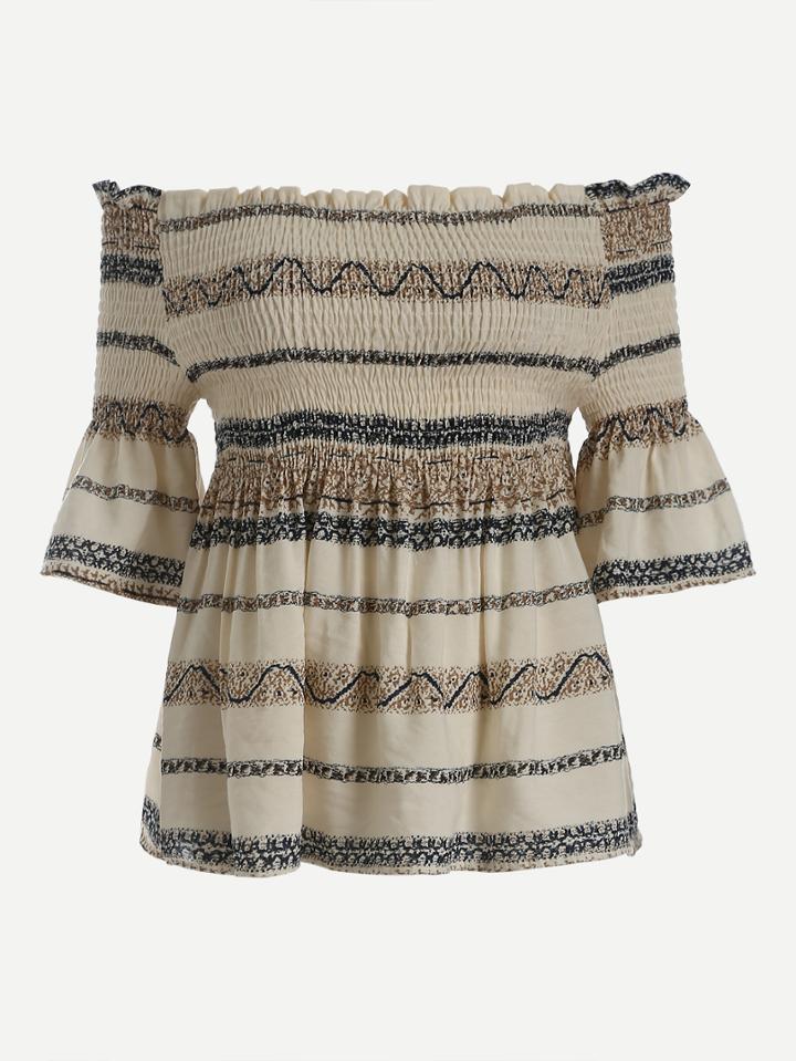 Romwe Multicolor Printed Off-the-shoulder Shirred Top