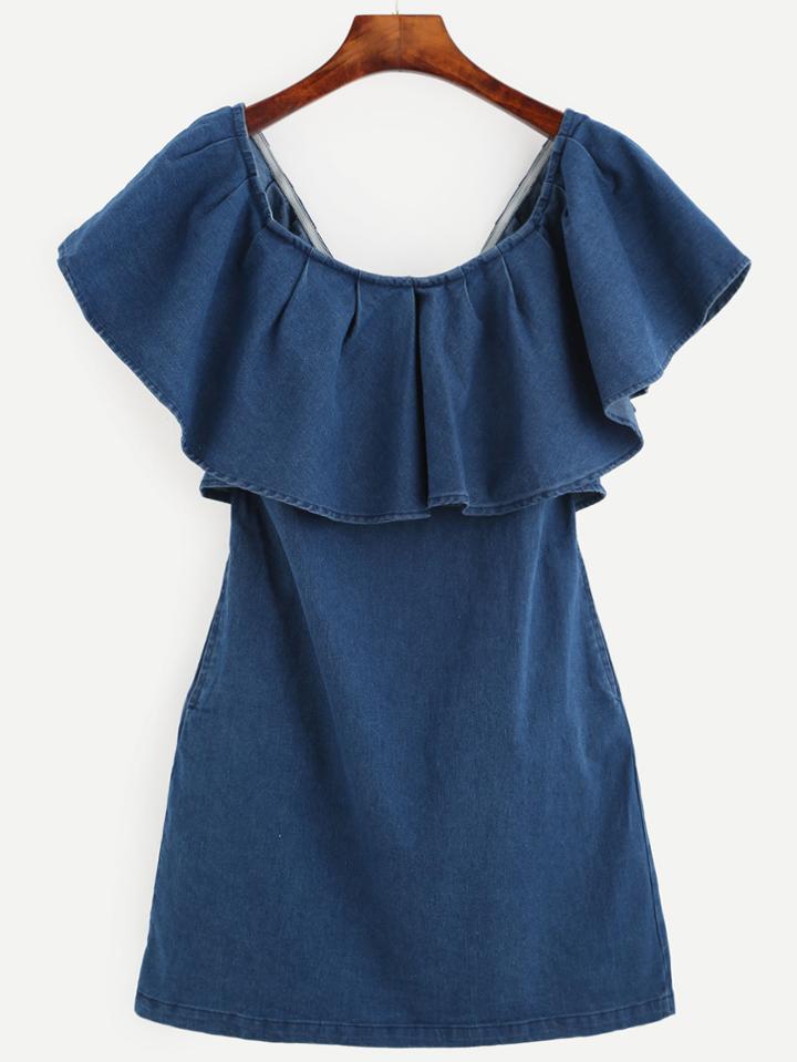 Romwe Blue Zip Back Ruffle Off The Shoulder Denim Dress