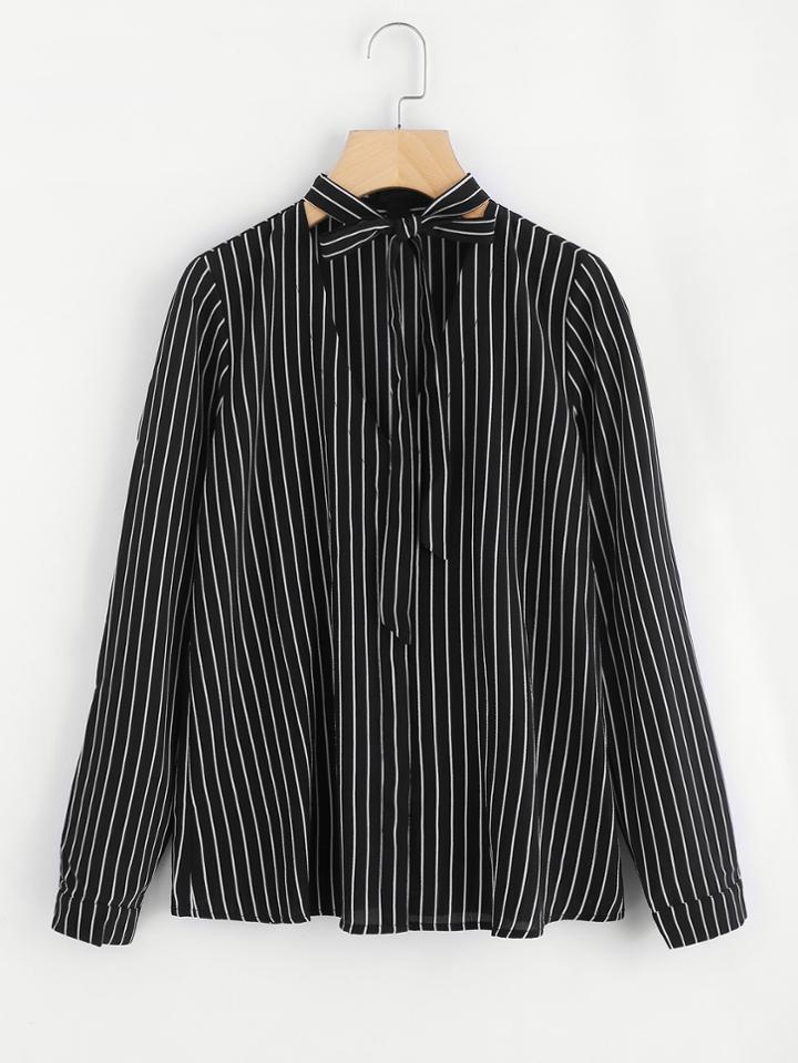 Romwe V Neckline Tie Neck Striped Top
