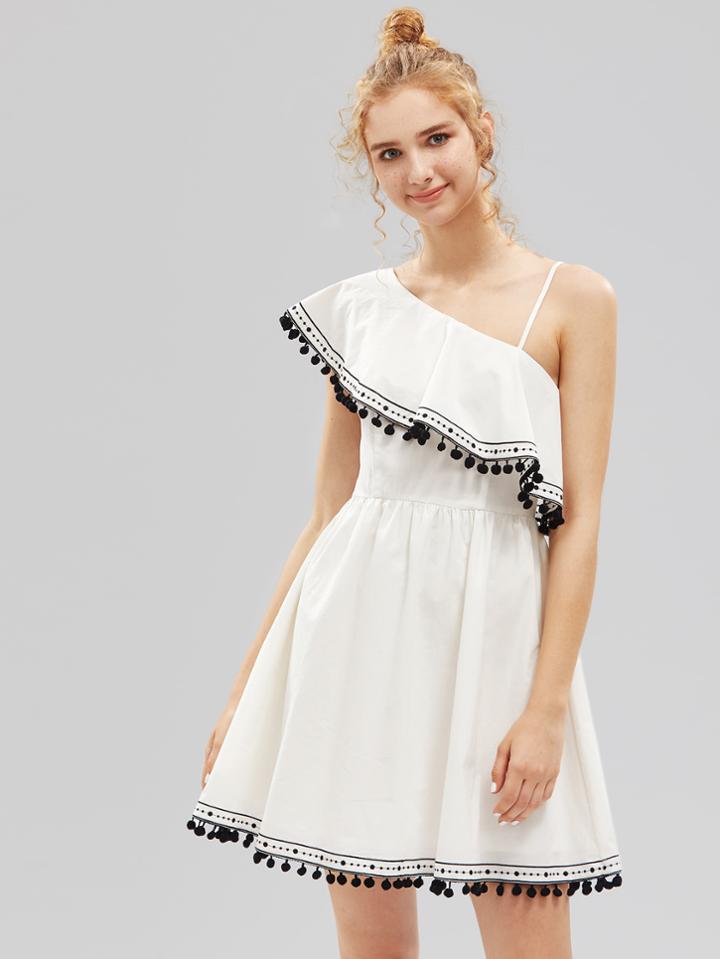 Romwe Asymmetric Frill Shoulder Pom Pom Trim Dress