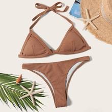 Romwe Ribbed Triangle Top With Cheeky Bikini Set