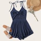 Romwe Tie Front Shirred Layer Ruffle Hem Cami Playsuit