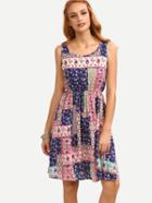 Romwe Multicolor Floral Print Elastic Waist Sleeveless Dress