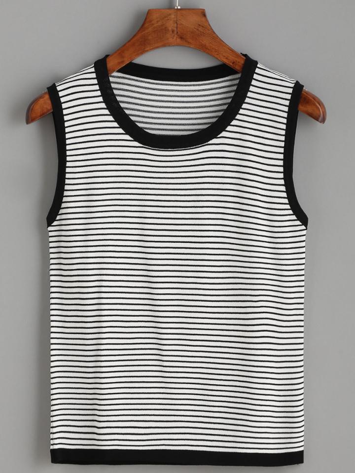 Romwe White Striped Contrast Trim Knit Top