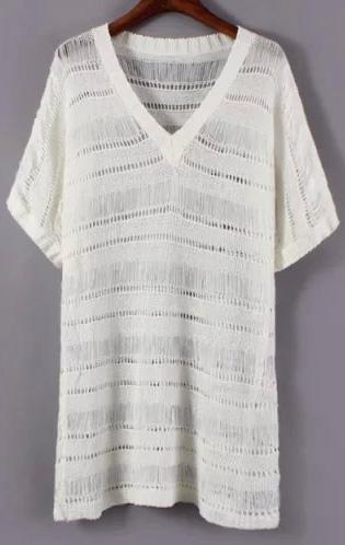 Romwe V Neck Hollow Knit White Dress