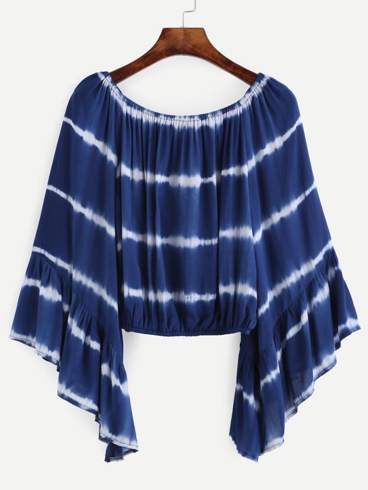 Romwe Blue Tie Dye Ruffle Sleeve Crop Top