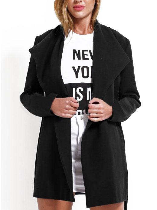 Romwe Lapel Belt Pockets Black Coat