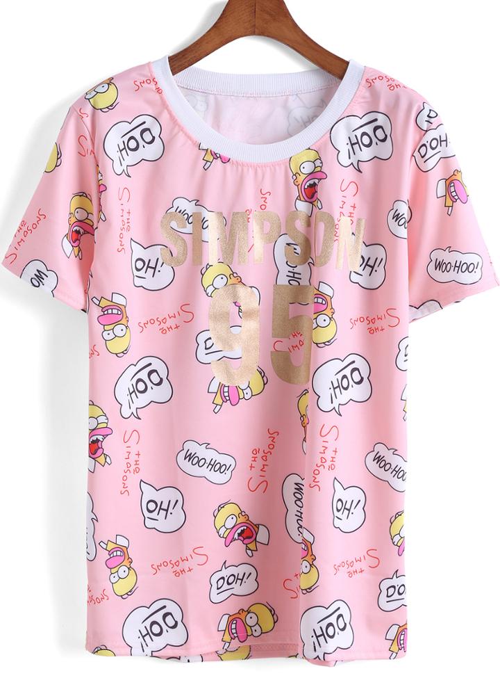 Romwe Pink Short Sleeve Simpson 95 Print T-shirt