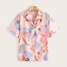 Romwe Tropical Print Notched Neck Blouse