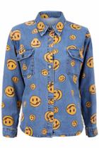 Romwe Smiling Face Light-blue Shirt