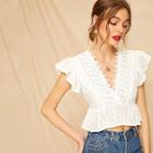 Romwe Contrast Lace Eyelet Embroidered Peplum Blouse