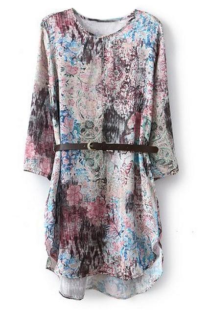 Romwe Asymmetric Floral Print Belted Crop Slim Dress