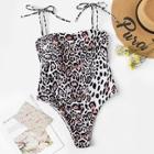Romwe Leopard Print Self Tie One Piece Swimwear