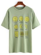 Romwe Emoticons Print Olive Green T-shirt