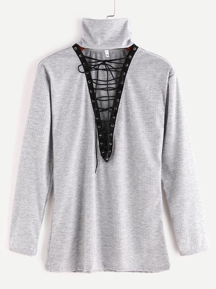 Romwe Grey High Neck Cutout Lace Up Front T-shirt