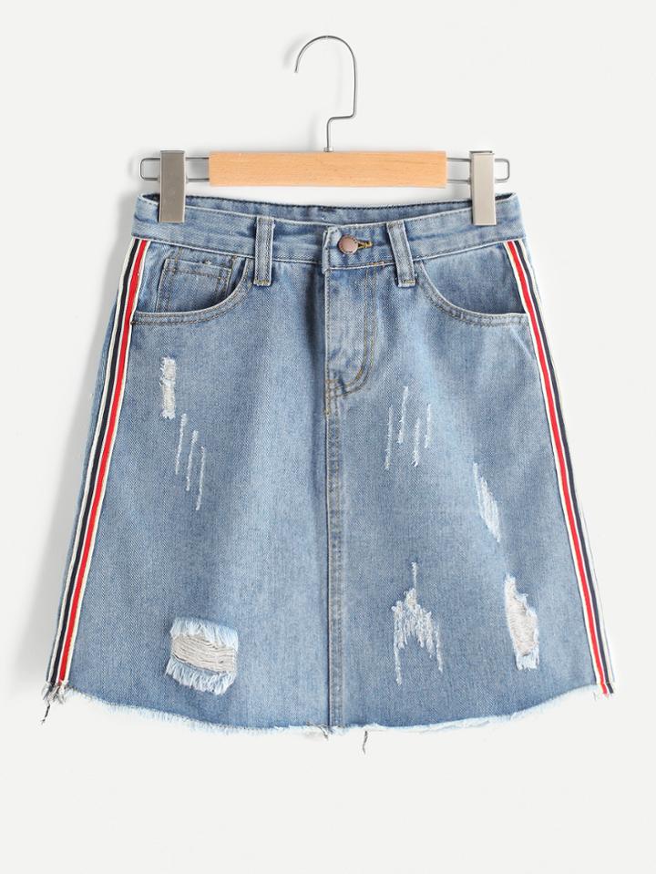 Romwe Destroyed Fray Hem A Line Skirt With Side Stripe