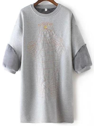 Romwe Bear Embroidered Thicken Long Grey Sweatshirt