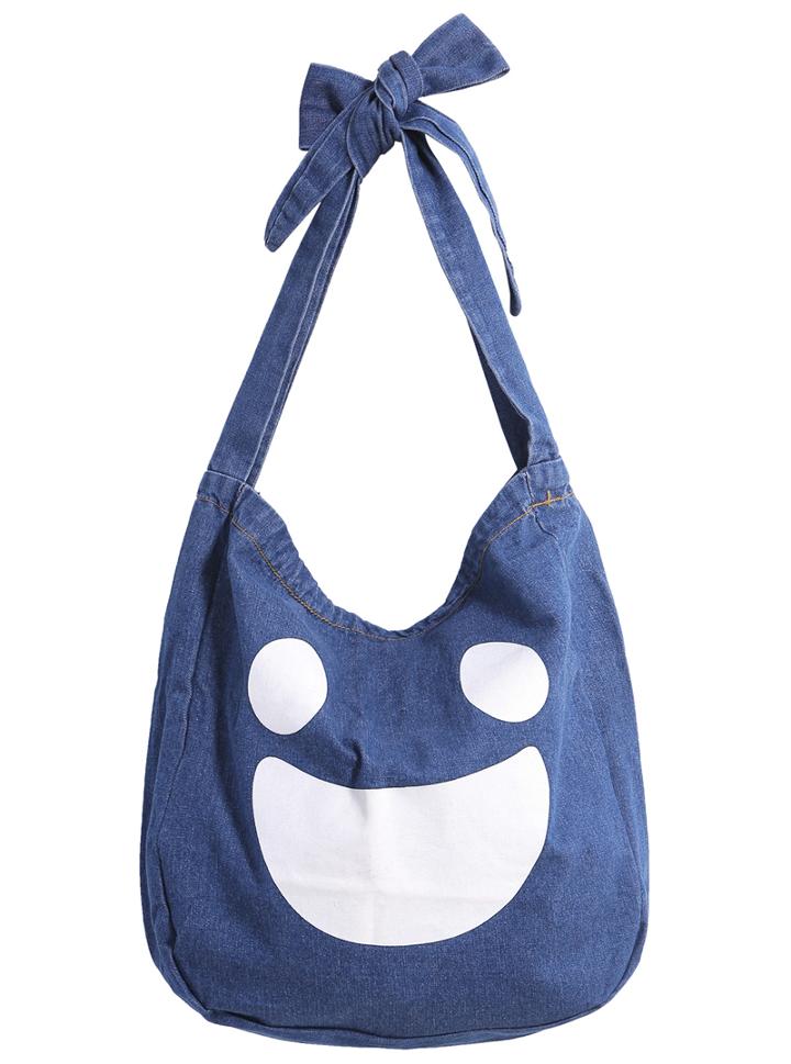 Romwe Smiling Face Print Denim Shoulder Bag