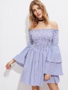 Romwe Shirred Off The Shoulder Bell Layered Sleeve Dress