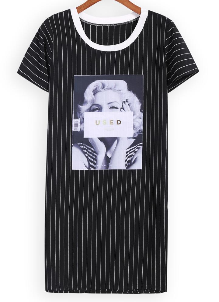 Romwe Vertical Striped Monroe Print Black T-shirt