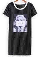 Romwe Vertical Striped Monroe Print Black T-shirt