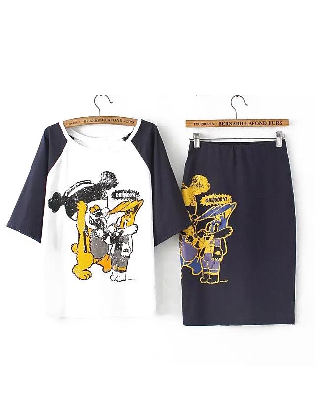 Romwe Contrast Sleeve Cartoon Print Top With Elastic Waist White Skirt