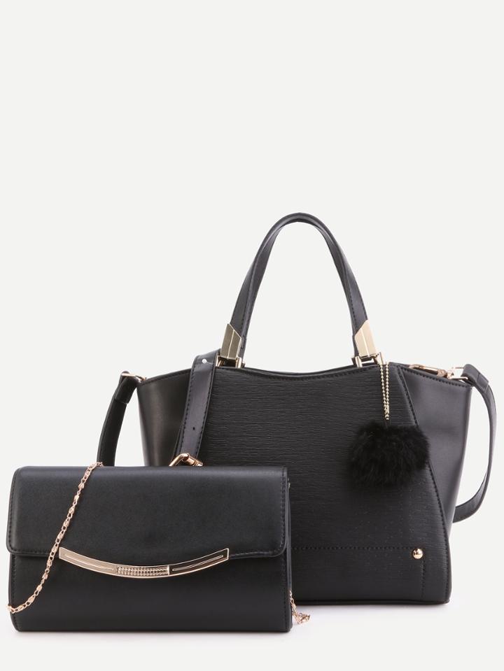 Romwe Black Pu Pom Pom Trim Convertible Handbag With Chain Bag