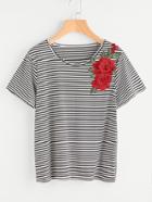 Romwe 3d Embroidered Applique Striped T-shirt