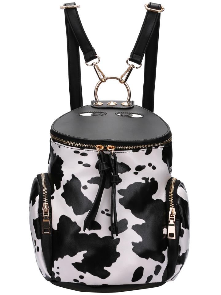 Romwe Cows Pattern Zipper Bucket Backpacks